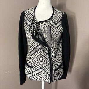 Lucky Brand Black White Aztec Moto Asymmetric Zip Boho Cardigan Sweater Sz M